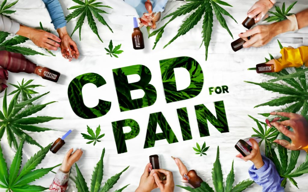 typograpgy TITLE IN THE CENTER _ "CBD FOR PAIN". Cannabis leaf background, no sticker/label on bottles. people around using CBD for relief. bottle is bigger in size than people. cannabis medicines all around in the image.