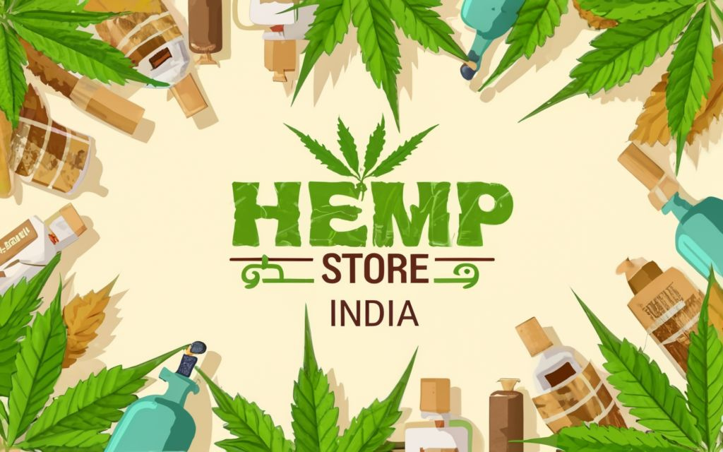 "HEMP STORE INDIA " - . background full of hemp leaves. hemp leaf of the hemp plant in the center background, different kinds of hemp products around., typography
