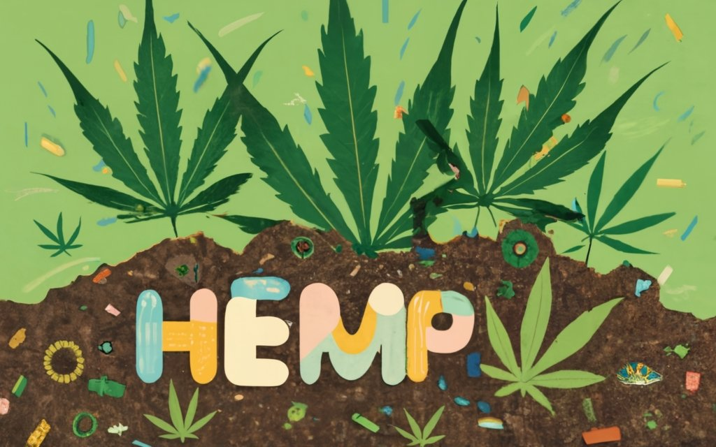 underground soil full of plastics, and hemp plastic at the top, with hemp plant growing from it. Biodegradable, sustainable, and Eco-friendly. hemp farm, hemp plastic bottles, hemp plastic wraps, hemp automobile parts, text - "HEMP PLASTIC" made with the plastics underground, conceptual art, illustration, typography