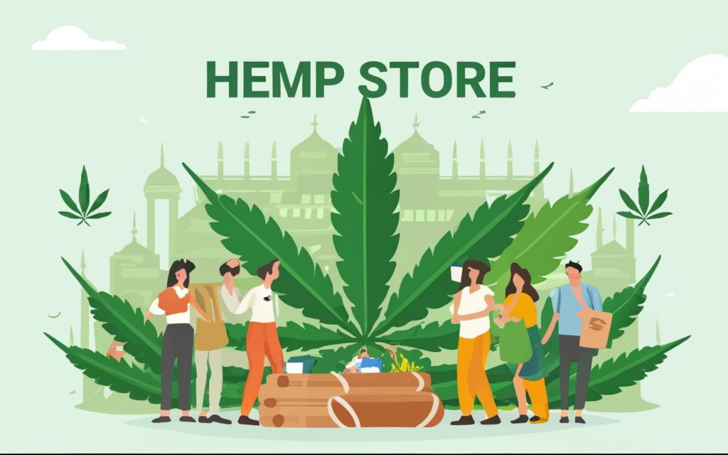 "HEMP STORE IN INDIA " - . background full of hemp leaves. hemp leaf of the hemp plant in the center background, different kinds of hemp products around., typography