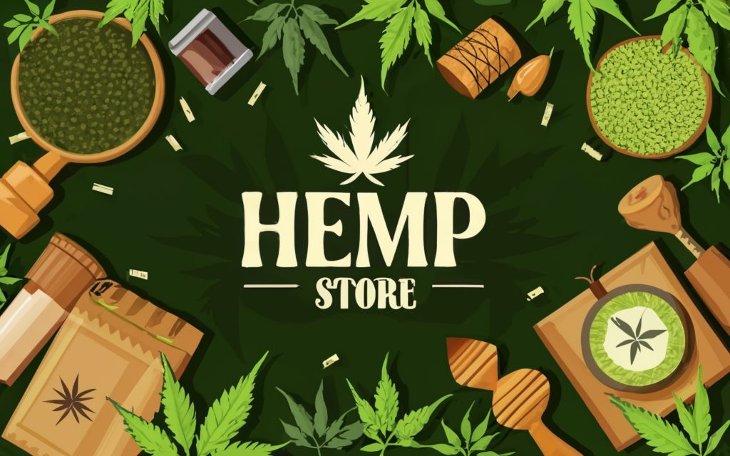 "HEMP STORE IN INDIA " - . background full of hemp leaves. hemp leaf of the hemp plant in the center background, different kinds of hemp products around., typography