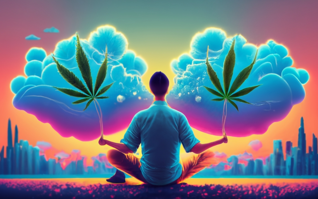 two thought clouds with cannabis leaf, city in the far, person sitting in the middle, blue tshirt,