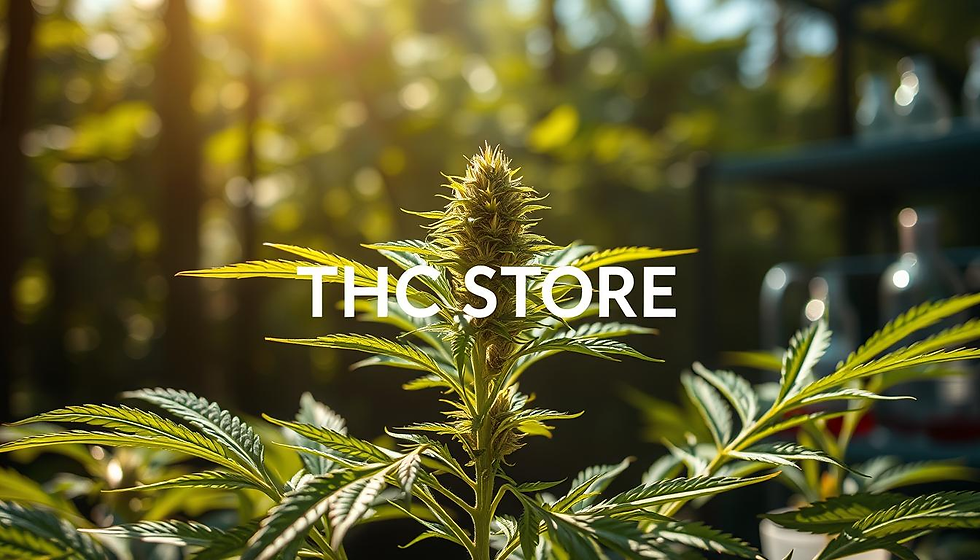 "An artistic representation of a cannabis plant showcasing its medicinal qualities, with vibrant green leaves and delicate flowers, set against a serene background of natural elements like sunlight filtering through trees, ethereal light illuminating the plant, seamlessly blending with the environment, emphasizing healing and wellness. Include subtle hints of a laboratory setting in the background, symbolizing research and innovation. Brand name: THC STORE INDIA."