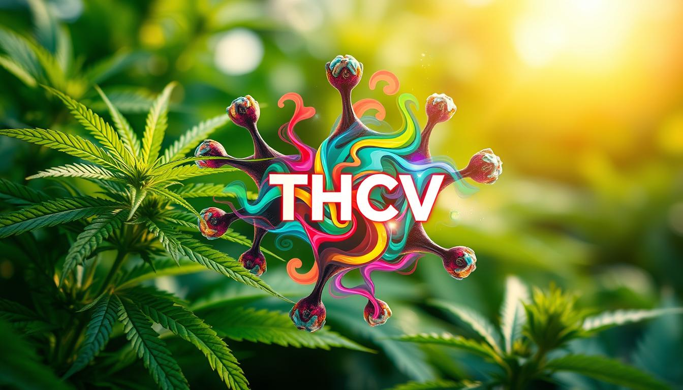 A vibrant and abstract representation of the THCV cannabinoid molecule, featuring colorful swirling patterns that symbolize its unique properties, surrounded by lush green cannabis leaves and a soft light glow, embodying the essence of nature and wellness, all set against a blurred backdrop of a serene environment. Include elements that evoke a sense of calm and health, without any characters or text.