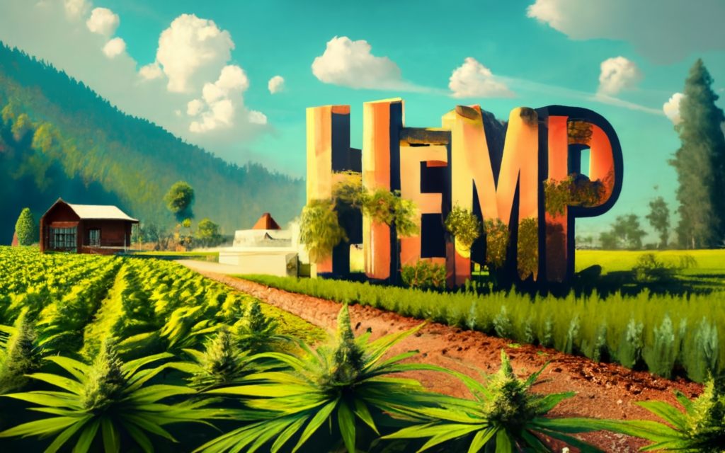 create an image of a Indian hemp cultivation farm, with the title "Hemp", 3d render, typography, conceptual art