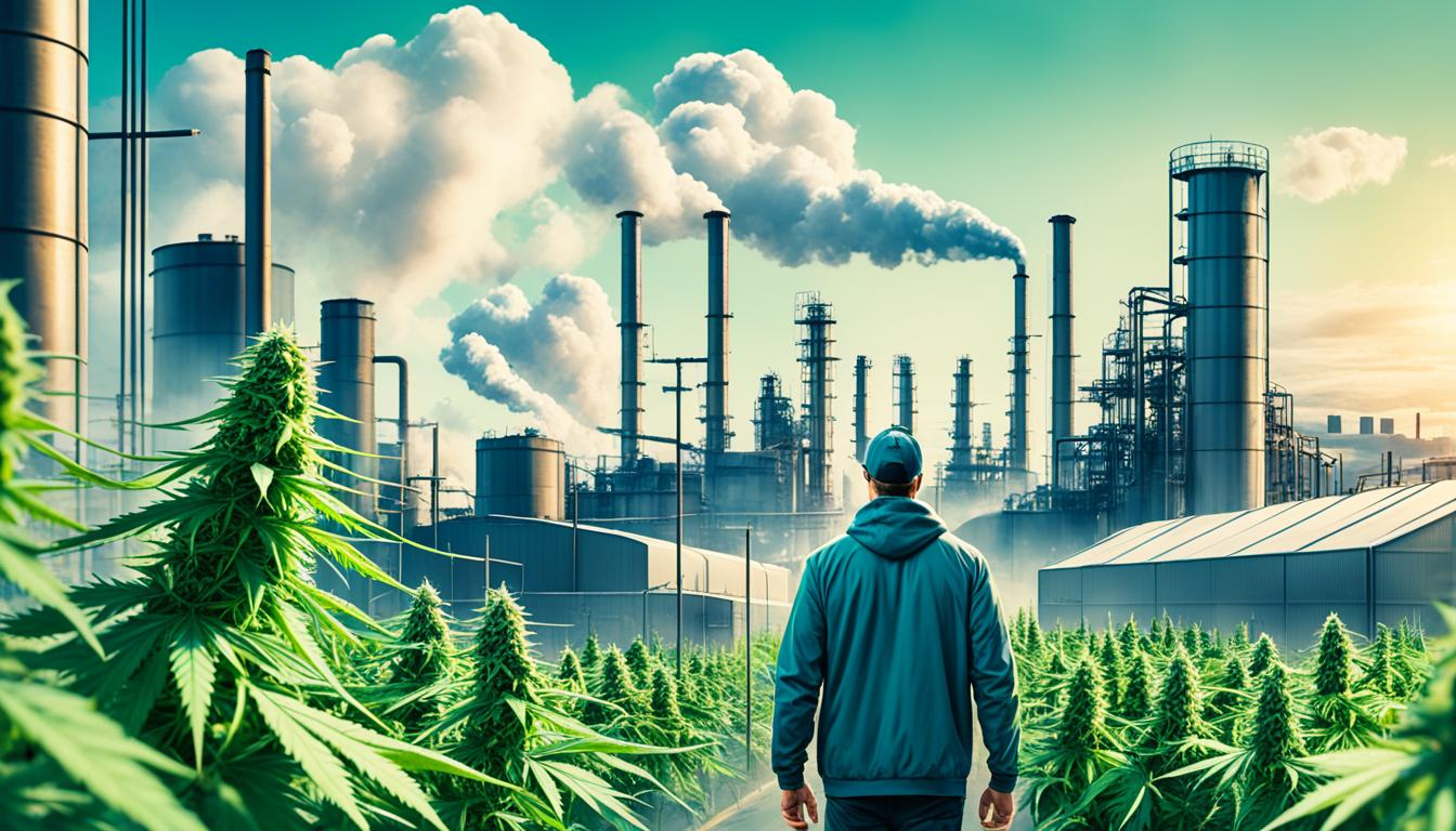 an image showing a flourishing cannabis industry with green, leafy plants growing tall against a backdrop of factories and industrial buildings. The plants dominate the foreground of the image, representing the growth and potential of the industry. In the distance, a few people can be seen walking toward the factories, suggesting job growth and economic benefits. The sky is blue and clear, indicating positive environmental impacts. Overall, the image should convey a sense of progress and optimism for the future of the cannabis industry.