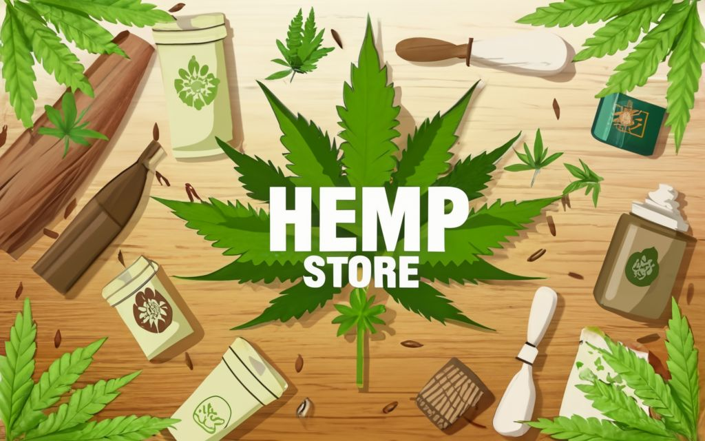 "HEMP STORE" - . background full of hemp leaves. hemp leaf of the hemp plant in the center background, different kinds of hemp products around., typography