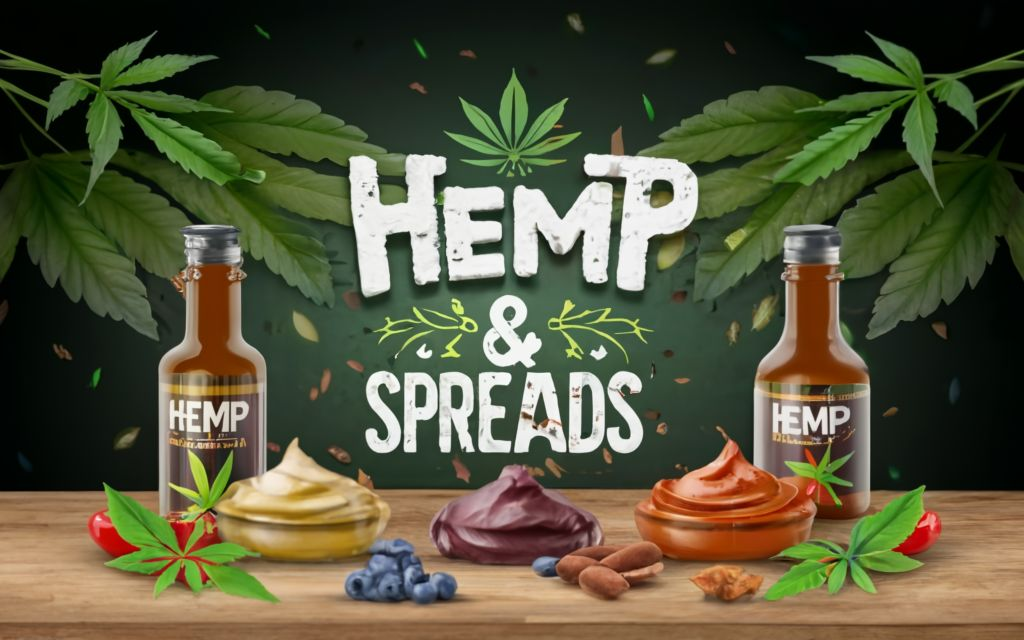 "HEMP SPREADS " - Text with no tagline. with bottles and bowls, in the cannabis leaf background and Hemp SPREADS with food items.