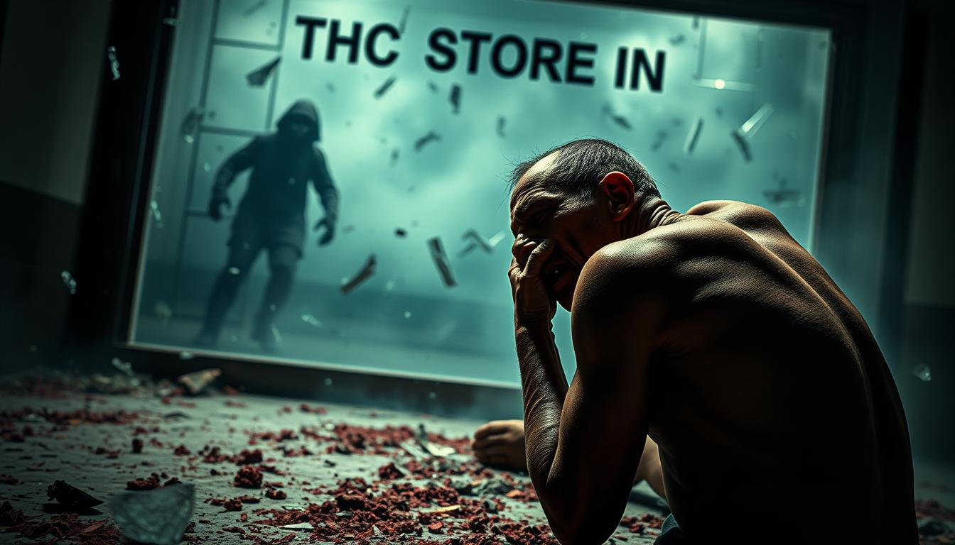 A grim and unsettling scene depicting the health risks of synthetic cannabinoids. In the foreground, a tormented figure writhes in agony, their body contorted and skin sallow, showcasing the physiological toll of these dangerous substances. The middle ground reveals a hazy, chaotic backdrop, with shattered glass and ominous shadows, evoking the unpredictable and toxic nature of synthetic cannabinoids. In the distance, the ominous "THC STORE INDIA" looms, a stark reminder of the availability and accessibility of these harmful products. The lighting is harsh and unforgiving, casting an eerie, sickly glow over the entire scene, capturing the gravity of the situation. An unsettling, cautionary tale of the physical health complications associated with synthetic cannabinoids.