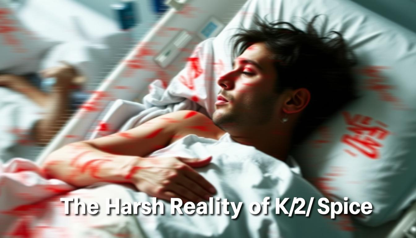 Generate an image representing the dangers of synthetic cannabinoids, such as a person in a hospital bed with a caption "Dangers of K2/Spice"