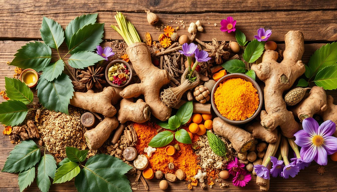 A vibrant arrangement of traditional Ayurvedic medicine ingredients, showcasing a variety of herbs, spices, and natural elements such as neem leaves, turmeric roots, ginger, ashwagandha, and dried flowers, all set against a rustic wooden background, with soft natural lighting highlighting their textures and colors, emphasis on holistic healing and rejuvenation, THC Store India.