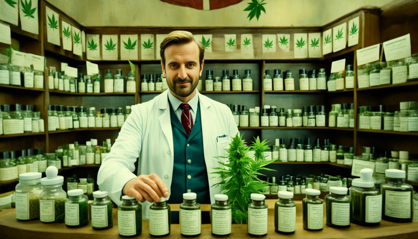 A colonial-era pharmacy in India with a heavy British influence. Show various medicinal plants and herbs on display, including cannabis. The pharmacist is mixing a potion using a mortar and pestle, with jars of various substances lining the shelves behind him. There are British colonial flags and decor in the background of the image.