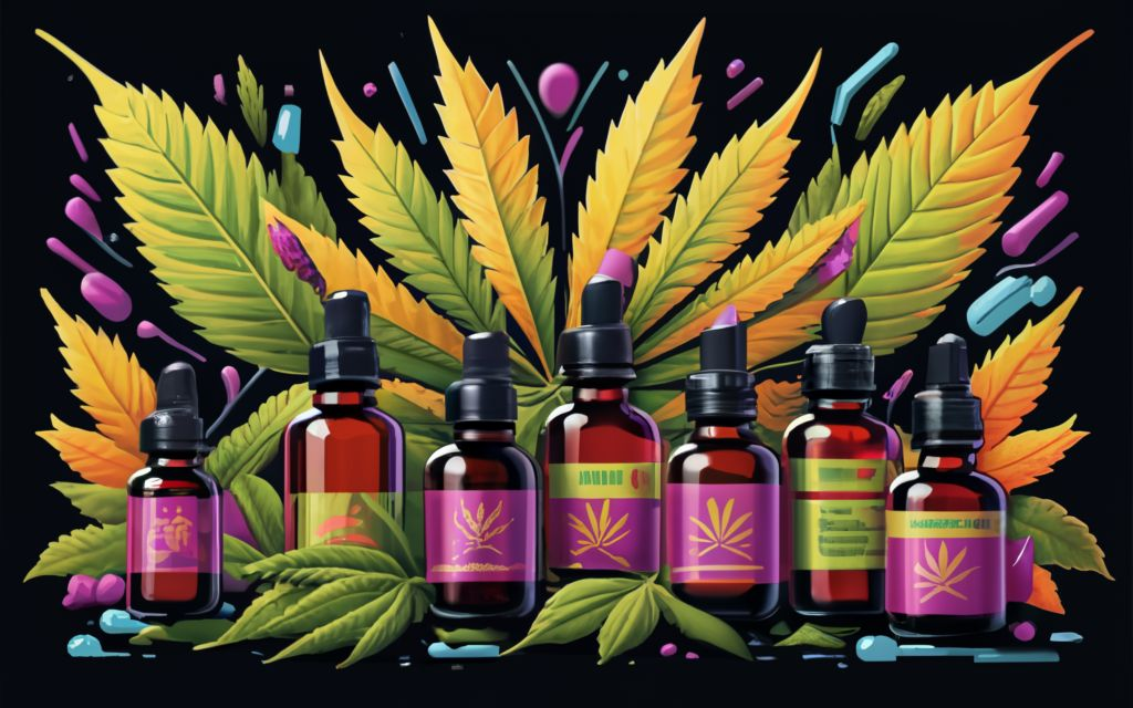 Vijaya leaf Extract, Cannabis leaf background with multiple tinctures bottles, and Vijaya leaf Extract Bottles., vibrant, conceptual art, illustration, product, typography, Discover the Benefits of Vijaya(Cannabis) Leaf Extract