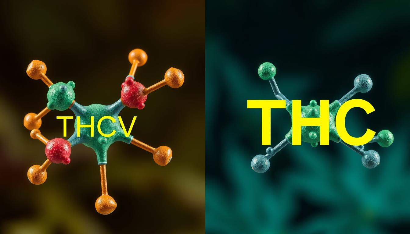 "Side-by-side molecular structures of THCV and THC, showcasing their chemical differences, intricate details of carbon rings and functional groups, vivid colors representing each compound, subtle background elements suggesting a botanical theme, no text or characters, high detail."