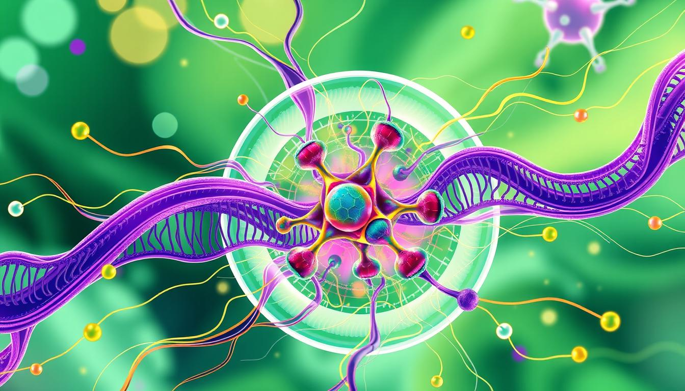 Create an intricate illustration of cannabinoid receptors, featuring a vibrant and colorful representation of the receptors embedded within a stylized cell membrane. Surround the receptors with dynamic energy waves symbolizing their interaction with cannabinoids. Incorporate organic shapes and flowing lines to emphasize the adaptability and plasticity in cannabis, using shades of green, purple, and gold. Ensure a harmonious blend of biological elements and abstract art to convey the complexity of gene expression mechanisms in relation to these receptors. Include aesthetic touches that evoke a sense of innovation and nature working together.