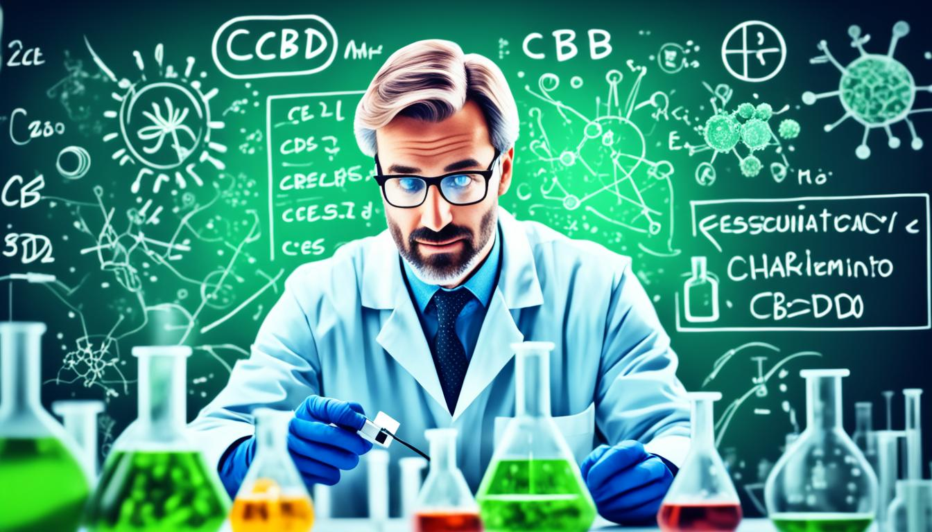 An illustration of a scientist using a microscope to examine CBD molecules in a laboratory setting. The scientist is standing in front of a chalkboard filled with equations and graphs related to CBD research methods. In the background, various scientific equipment and instruments can be seen, such as beakers, test tubes, and petri dishes. The image should have a professional and serious tone to reflect the scientific nature of the subject matter.