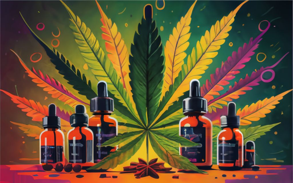 Vijaya leaf Extract, Cannabis leaf background with multiple tinctures bottles, and Vijaya leaf Extract Bottles., vibrant, conceptual art, illustration, product, typography, Discover the Benefits of Vijaya(Cannabis) Leaf Extract