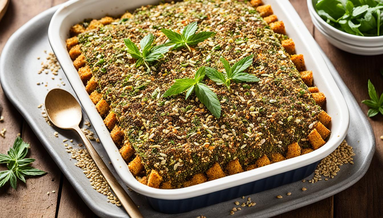 Create an image of a scrumptious hemp-crusted baked dish that is healthy and packed with flavor. Show off the golden-brown crust of the dish, showcasing the texture and crispiness of the hemp seeds. Use warm and inviting colors to convey a sense of comfort and satisfaction. Perhaps you can add some complementary elements, such as fresh herbs or colorful vegetables, to enhance the visual appeal of the dish.