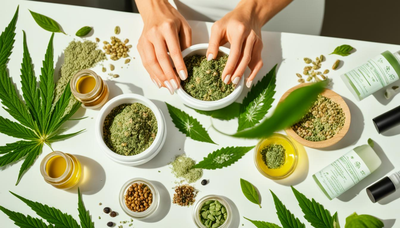 A pile of hemp leaves and seeds arranged in a circular pattern surrounded by various beauty products such as face masks, hair oils, and body scrubs. One corner of the image shows a pair of hands mixing together ingredients in a small bowl while the other corner features a woman with glowing skin applying a hemp-based serum to her face. The background is blurred to bring focus to the center of the image.