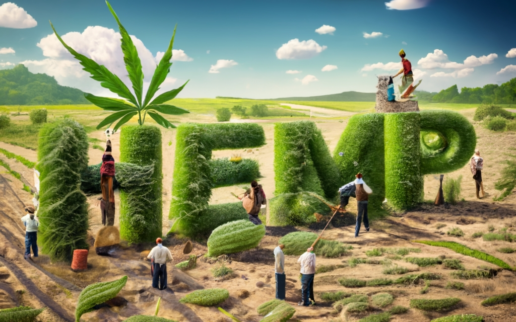 create an image of a Indian hemp cultivation farm, farmers and businesses on the side, with the title "Hemp", 3d render, typography, conceptual art