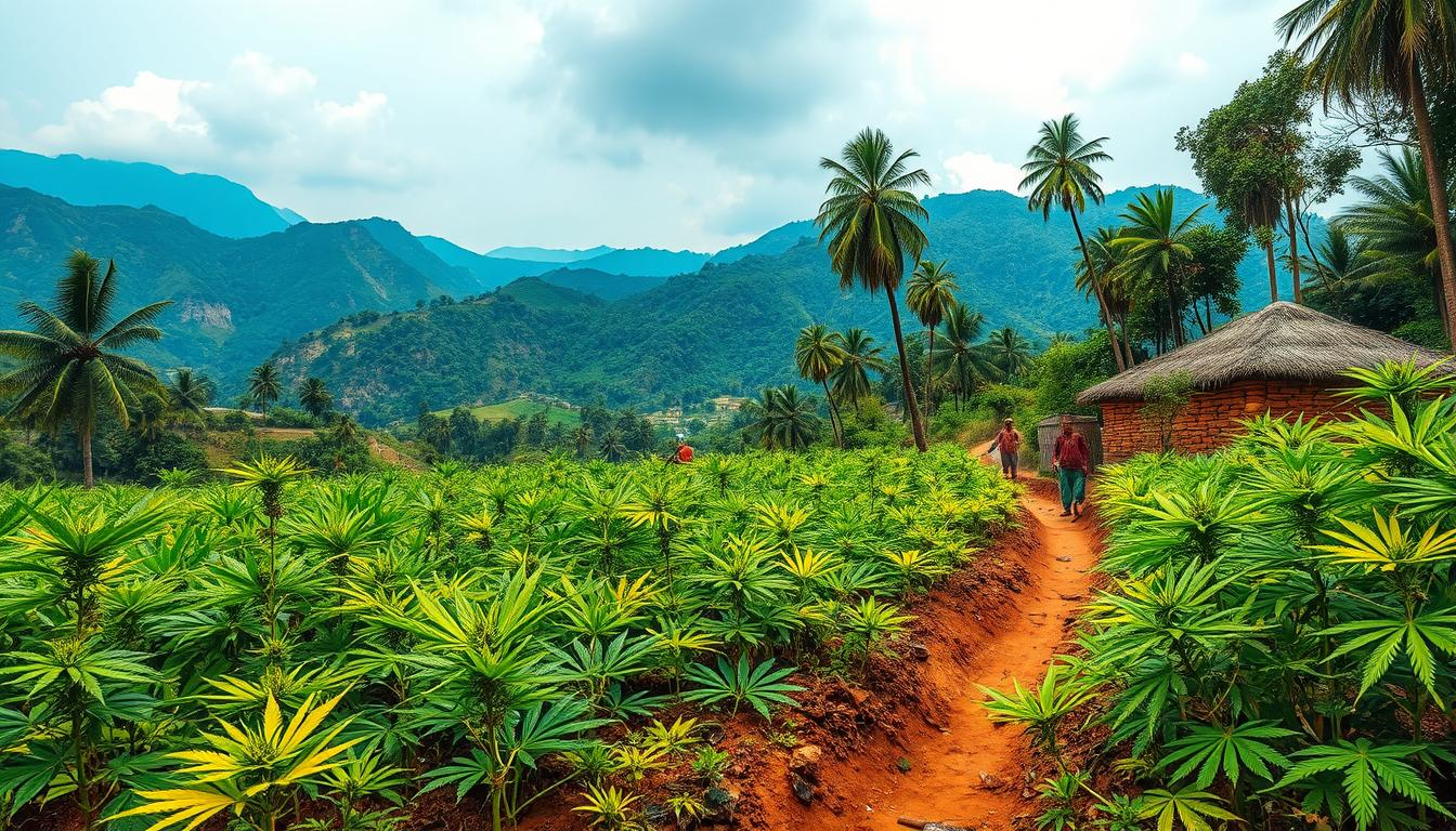 Vibrant landscape showcasing diverse Indian cannabis landraces, featuring lush green plants with varying leaf shapes and hues, traditional Indian agricultural setting with rustic tools and farmers tending to the crops, mountains in the background, rich earthy tones, nature's beauty merging with cultural heritage --ar 16:9 --v 5 --q 2 --style 4a --no people --niji --vibrant colors -- tropical atmosphere -- THC STORE INDIA