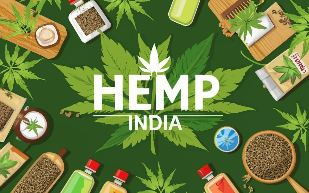 "HEMP INDIA " - . background full of hemp leaves. hemp leaf of the hemp plant in the center background, different kinds of hemp products around., typography