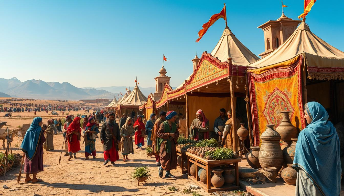 "An ancient Silk Road market scene, featuring merchants and traders exchanging cannabis along a bustling trade route, with traditional tents and colorful fabrics, ancient caravans, and ornate pottery in the background, set against a backdrop of distant mountains and a clear blue sky. The atmosphere is lively with hints of historical architecture from the Silk Road, showcasing the rich cultural tapestry of trade."