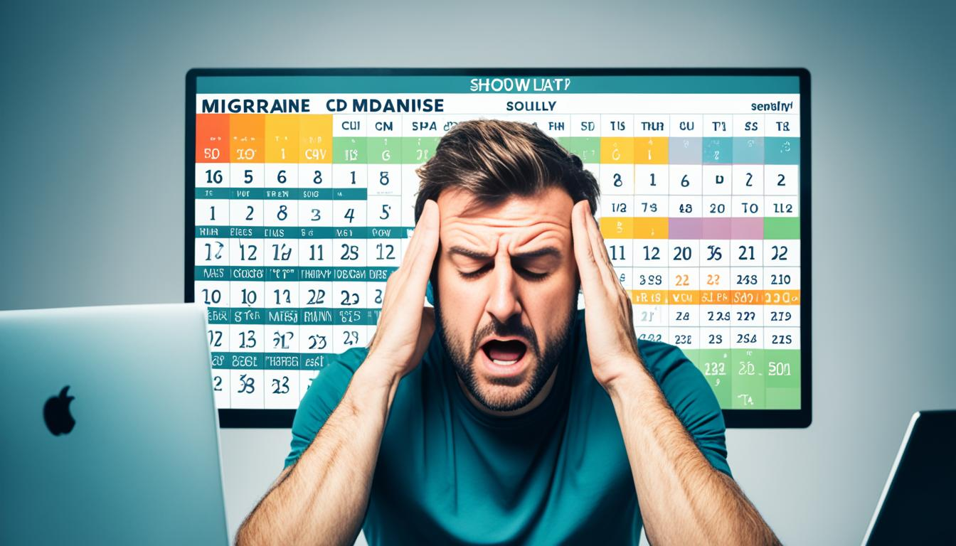 Show a person with a migraine sitting in front of a computer, looking frustrated and in pain. In the background, have an image of a bottle of CBD oil and a calendar with several days marked as "migraine-free". Show their expression slowly turning to relief as they rub a small amount of oil on their temples.