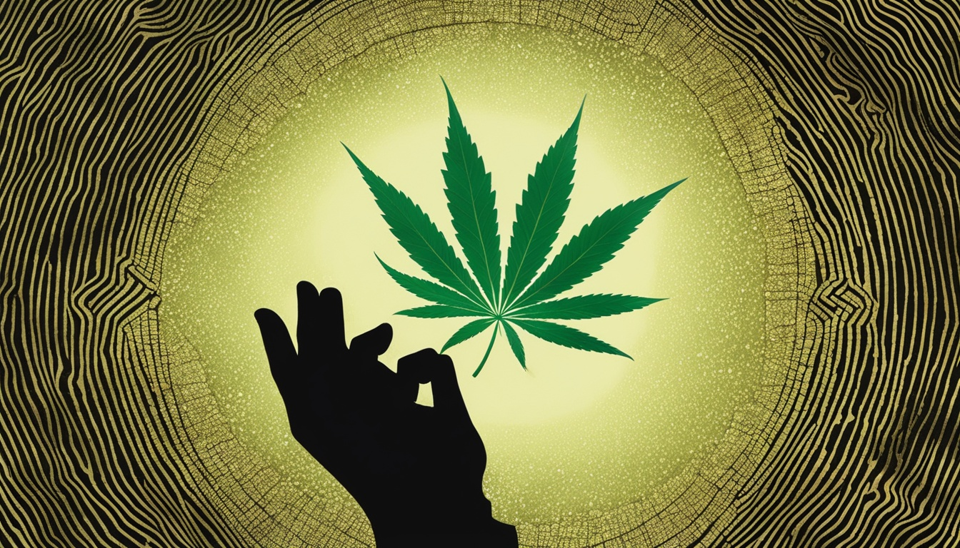 A stylized depiction of a hand holding a cannabis leaf with scales in the background, representing the ethical dilemma of the legality and moral implications surrounding cannabis use in India.