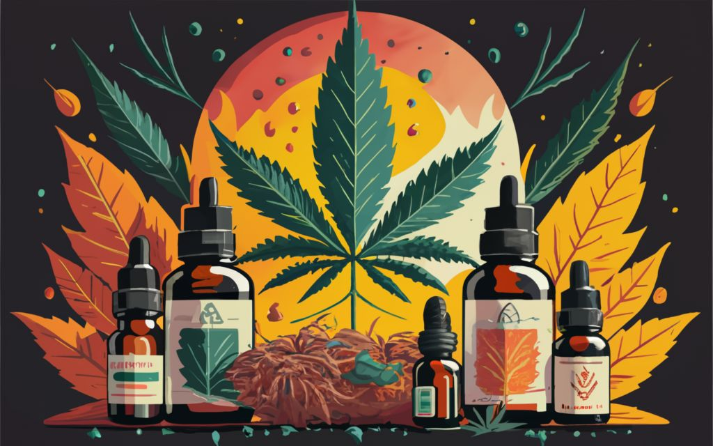 Vijaya leaf Extract, Cannabis leaf background with multiple tinctures bottles, and Vijaya leaf Extract Bottles., vibrant, conceptual art, illustration, product, typography, Discover the Benefits of Vijaya(Cannabis) Leaf Extract
