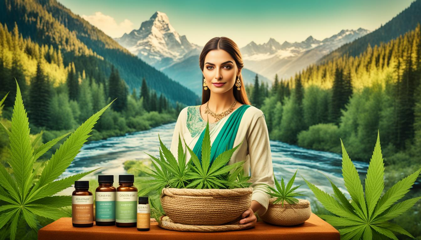an image of a woman in traditional Indian attire holding a basket of hemp products, with some products displayed on the foreground. She has a serene expression and is surrounded by plants and flowers. The background shows a beautiful landscape, with mountains and a river flowing through it. The colors are muted and earthy, highlighting the natural aspect of the hemp beauty regimen.