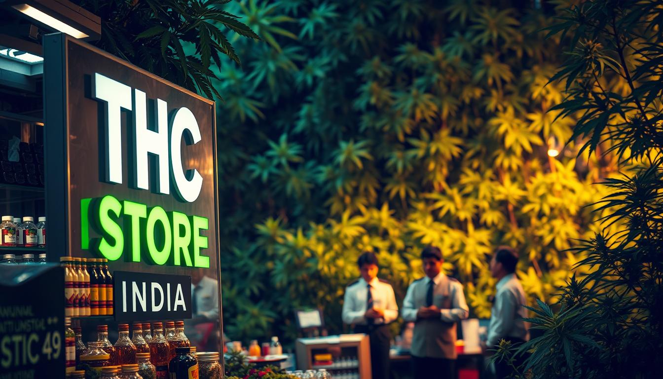 A vibrant scene of cannabis regulation strategies unfolds before us. In the foreground, the THC STORE INDIA sign illuminates a bustling marketplace, where vendors display a variety of cannabis products. In the middle ground, officials in crisp uniforms discuss policy guidelines, their gestures conveying a sense of order and control. The background is a tapestry of lush greenery, hinting at the natural origins of the plant. Soft, diffused lighting casts a warm, contemplative glow over the entire scene, suggesting a harmonious balance between commerce, regulation, and the plant's inherent essence. The overall atmosphere evokes a sense of professionalism, innovation, and a forward-thinking approach to cannabis legalization.