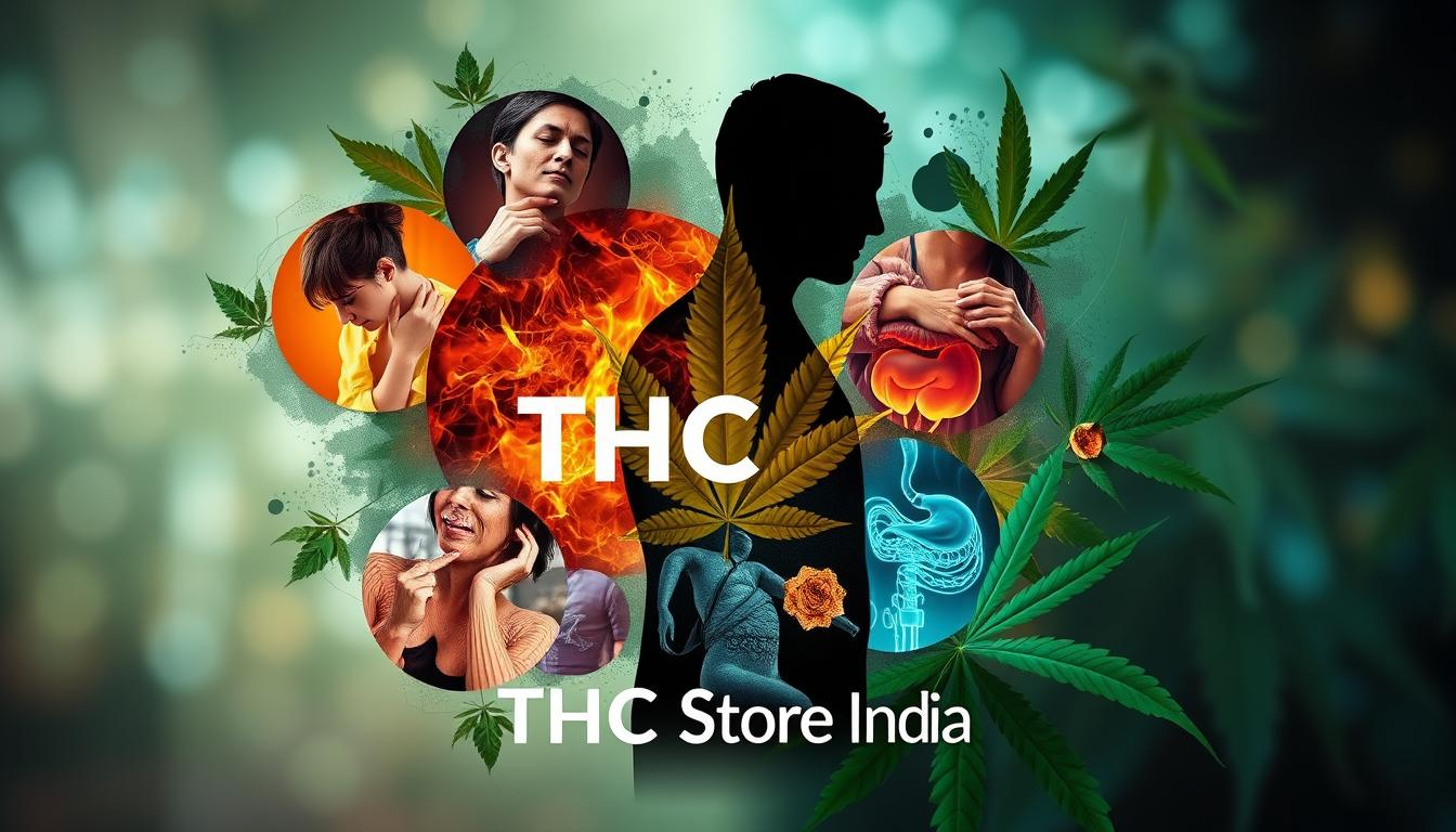 A visual representation of "Endocannabinoid Deficiency Syndrome symptoms," featuring a human silhouette surrounded by vivid imagery depicting various symptoms such as anxiety, chronic pain, insomnia, and digestive issues. The background includes abstract elements symbolizing balance and wellness. Incorporate natural elements like cannabis leaves subtly intertwined in the design. Include the brand name "THC Store India" elegantly integrated into the composition, without any textual elements or characters.