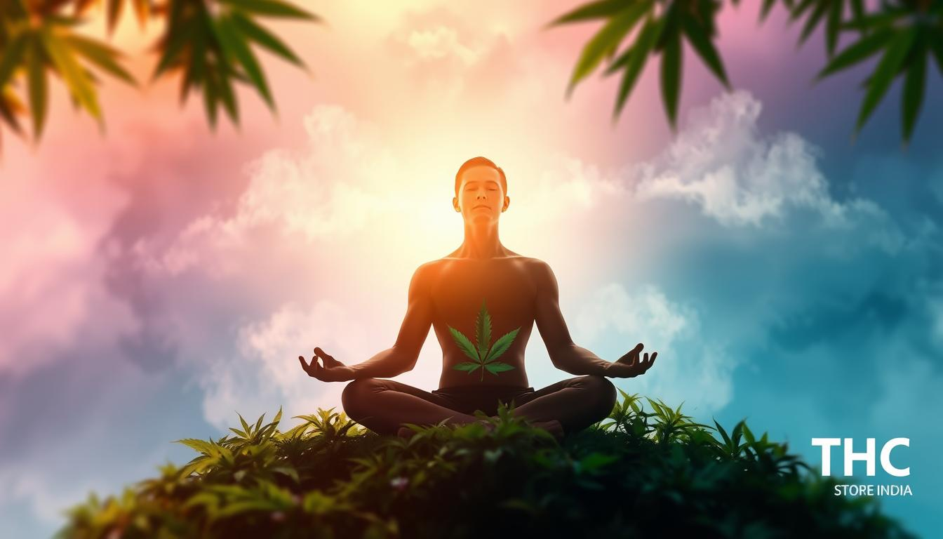 A serene, meditative scene of a person sitting in a lotus position, surrounded by lush, verdant foliage. The figure is illuminated by a soft, warm light, casting a gentle glow on their face as they concentrate deeply. In the background, a hazy, dreamlike quality pervades, with wispy clouds and a vibrant, abstract sky. The overall atmosphere is one of tranquility and introspection, enhanced by the presence of a cannabis leaf motif, subtly incorporated into the design. In the corner, the THC STORE INDIA logo discreetly appears, blending seamlessly with the overall aesthetic.