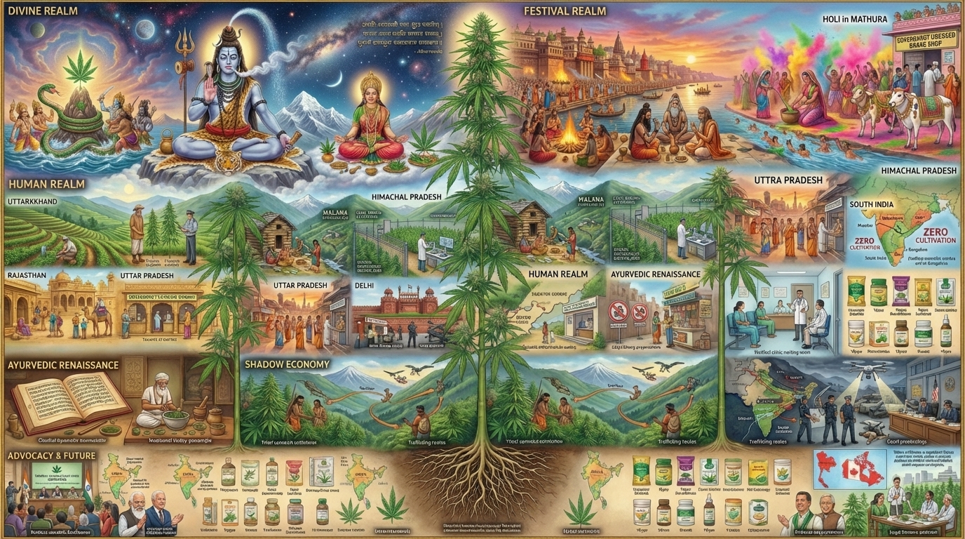 # The Complete Canvas — India's Cannabis Tapestry
## A Single Comprehensive Image Capturing Every Dimension
---
**Overall Concept & Composition Structure:**
An extraordinarily detailed, large-scale surrealist-realist composite image in the style of a traditional Indian miniature painting meets magical realism, organized as a massive vertical scroll or mural (aspect ratio 9:16 or 2:3 vertical) that can be viewed as a cohesive whole or explored section by section. The composition flows from the cosmic/divine at the top, through the earthly/human in the middle, to the underground/shadow economy at the bottom—mirroring the journey of cannabis through Indian society from sacred to prohibited to emerging legal frameworks.
The image is divided into interconnected zones that bleed into each other organically, connected by a single massive cannabis plant that serves as the central axis/spine of the entire composition—its roots reaching into the underground economy at the bottom, its trunk passing through human society in the middle, and its flowering tops reaching toward the divine realm at the top. This plant is both literal and metaphorical, its form subtly transforming as it passes through each zone.
---
## ZONE 1: THE DIVINE REALM (Top 20% of image)
**The Cosmic Origin — Samudra Manthan & Shiva's Blessing**
The uppermost portion depicts a stylized cosmic scene rendered in the rich colors and gold leaf accents of Rajasthani miniature painting tradition, but with photorealistic details in key elements.
**Central Divine Figure:**
Lord Shiva sits in padmasana atop Mount Kailash, rendered in classic iconographic style but with extraordinary detail. His skin is ash-blue (the color of the poison Halahala he consumed), third eye partially open emitting a soft golden light, crescent moon nestled in his matted jata (dreadlocks) which cascade down like the Ganges herself. His eyes are half-lidded—the classical "cannabis gaze" depicted in centuries of Indian art—expressing transcendent bliss.
Around his neck coils Vasuki, the serpent king, scales individually detailed in iridescent blue-green. He holds a brass chillum in his lower right hand, from which rises a stream of sacred smoke that transforms into the Milky Way galaxy as it ascends. His upper right hand holds a trishul (trident), upper left a damaru (drum), lower left rests in varada mudra (blessing gesture). He is seated on a tiger skin over a lotus, with the snow peaks of Kailash rendered in silver and white behind him.
**Flanking Cosmic Elements:**
To Shiva's left: A stylized depiction of the Samudra Manthan (churning of the cosmic ocean)—the serpent Vasuki wrapped around Mount Mandara, Devas and Asuras pulling on either end, with a single cannabis plant emerging from a drop of spilled amrit (nectar of immortality), its leaves glowing with divine golden light. Small details include: the fourteen treasures emerging from the ocean, Goddess Lakshmi on her lotus, the moon, and the pot of amrit itself.
To Shiva's right: Goddess Parvati in her benevolent form, also seated in meditation, representing the feminine divine principle. At her feet, a small shrine with offerings including cannabis leaves, flowers, and a lit diya. Behind her, the peaks where legend says she and Shiva brought cannabis seeds to the Parvati Valley (visible far below in the earthly realm).
**Vedic Text Elements:**
Floating in the cosmic ether around the divine figures: Sanskrit verses from the Atharvaveda in elegant Devanagari script, slightly translucent like they're written on clouds—specifically the passage naming bhanga among the five sacred plants: "पञ्च राज्यानि वीरुधां सोमश्रेष्ठानि ब्रूमः। दर्भो भङ्गो यवः सह ते नो मुञ्चन्त्व् अंहसः" (We speak of the five kingdoms of plants, with Soma the best. Darbha, hemp, barley, saha—may they free us from distress). These float like cosmic mantras in gold leaf against deep indigo space studded with stars arranged in auspicious patterns (nakshatras).
**Transitional Element:**
The sacred smoke from Shiva's chillum descends and transforms, becoming the atmospheric haze that fills the next zone, carrying the divine blessing downward into the human realm. Hidden within the smoke patterns: subtle faces of rishis, yogis, and the authors of ancient Ayurvedic texts (Charaka, Sushruta) whose works codified cannabis medicine.
---
## ZONE 2: THE FESTIVAL REALM (Next 15% — Celebration & Tradition)
**The Great Festivals — Holi, Mahashivratri & Sacred Consumption**
This zone bursts with color and movement, depicting the living festival traditions where cannabis consumption is not only legal but sacred.
**Left Section — Varanasi Mahashivratri:**
The famous ghats of Varanasi rendered in intricate detail during Mahashivratri night. Thousands of small figures crowd the stone steps leading down to the Ganges, which reflects the light of countless oil lamps (deepawali). The scene is illuminated by the orange glow of ritual fires and the silver light of a full moon.
Prominent figures include:
- A group of Naga Sadhus in the foreground, their ash-smeared bodies almost glowing in the firelight, matted locks piled high, sitting in a circle passing a large clay chillum. Each sadhu has distinct characteristics—one very old with a flowing white beard, one younger and muscular, one with elaborate rudraksha malas covering his entire torso. Their expressions range from deep meditation to ecstatic joy.
- A temple priest (pujari) in white dhoti preparing bhang prasad at a small shrine, grinding leaves in a traditional stone mortar (sil-batta).
- Families—including women in colorful sarees and children—receiving prasad that includes bhang, depicting normalized religious consumption.
- The spires of Kashi Vishwanath Temple rising in the background, its gold dome catching moonlight.
- Flower sellers with baskets of marigolds and roses.
- A government-licensed bhang shop (with visible "Sarkari Bhang" signage in Hindi) with a queue of customers.
**Center Section — Holi Celebration:**
An explosion of color depicting Holi in Mathura/Vrindavan. The scene is absolutely drenched in gulal powder—clouds of pink, yellow, orange, green, and purple fill the air. Figures are barely recognizable under layers of color, but their joy is unmistakable.
Key elements:
- A traditional bhang preparation scene: women grinding cannabis leaves with almonds, pistachios, cardamom, and rose petals in a large brass vessel, adding milk to create thandai. Children watch eagerly. An elderly grandmother oversees, representing generational transmission of tradition.
- Men drinking from terracotta kulhads, green thandai dripping from their colored-powder-covered beards, arms raised in celebration.
- A decorated white bull (Nandi, Shiva's vehicle) garlanded with marigolds, being fed bhang-laced sweets by devotees.
- Musicians playing dhol and nagara drums, dancers in traditional attire.
- In the background, the ornate temples of Vrindavan with their distinctive architecture.
- Plates of bhang pakoras, bhang gujiya (stuffed sweets), and bhang ladoos visible on a food stall.
- A sign reading "भांग की दुकान" (Bhang Shop) with government license number visible.
**Right Section — Kumbh Mela Gathering:**
A portion of the massive Kumbh Mela gathering, focusing on the Sadhu camps. Thousands of tents stretch toward the horizon. In the foreground, a group of Aghori sadhus—their practices more extreme—with human skull begging bowls, bodies smeared with cremation-ground ash, consuming bhang as part of their daily sadhana. Their expressions are intense, otherworldly. Nearby, a group of more conventional sadhus engage in philosophical discussion while sharing a chillum. Pilgrims from all walks of life move through the camp—businessmen in Western clothes, village women in traditional dress, young backpackers—all equally welcome in this temporary city of spiritual seeking.
**Transitional Element:**
A river of people flows downward from this zone, carrying the festival energy into the everyday human realm below. Some carry brass lotas (pots) of Ganges water, others carry bundles of cannabis leaves. A sadhu walks downward, his feet leaving the festival realm and entering ordinary society.
---
## ZONE 3: THE HUMAN REALM — LEGAL PATCHWORK (Central 25% — largest zone)
**The Great Indian Paradox — Same Plant, Different Laws**
This is the most complex zone, depicting the contradictory legal landscape across Indian states through a map-like but humanized representation. India's geographic outline is suggested but not rigidly defined—states flow into each other like the patchwork they represent legally.
**Upper Left — Uttarakhand Hemp Pioneering:**
Terraced hemp fields in the Himalayan foothills, rendered with loving agricultural detail. Cannabis sativa plants stand 2-3 meters tall in neat rows following the mountain contours.
Key elements:
- A farmer in traditional Garhwali attire (white kurta, woolen topi, rough wool jacket) examining hemp plants, comparing two samples—one indigenous strain (taller, THC-rich), one imported seed variety (shorter, CBD-focused)—representing the 0.3% THC compliance challenge.
- A government official in khaki with clipboard, measuring plants, taking samples—representing the licensing and regulatory framework.
- The Centre for Aromatic Plants building visible in the distance (Selaqui, Dehradun)—a modern facility among ancient terraces.
- Stacks of harvested hemp stalks being processed into fiber.
- A small laboratory setup where a scientist in white coat tests THC levels with modern equipment.
- Signs reading "Licensed Hemp Cultivation Zone — Uttarakhand Forest Department" in Hindi and English.
- Wild cannabis growing on uncultivated hillsides nearby, under separate "collection licenses."
- Mountain village with traditional architecture in the background.
- A startup entrepreneur (young, urban-dressed) meeting with traditional farmers, representing the new hemp industry.
**Upper Center — Himachal Pradesh's Double Life:**
A dramatic split representation of Himachal—one side showing the famous Parvati Valley's illicit charas production, the other showing the new legal pilot program.
Illegal side (rendered slightly darker, more secretive):
- The remote village of Malana perched on a steep hillside, traditional wooden houses with slate roofs.
- Villagers hand-rubbing cannabis plants to collect resin, the traditional charas-making technique—close-up detail of resin-covered palms, the green-brown sticky substance accumulating.
- A scale weighing a tola (11.66 grams) of finished charas—dark, compressed, aromatic.
- In shadows: a transaction occurring, rupee notes changing hands.
- A sign pointing toward "Tosh," "Kasol," "Rashol"—famous production villages.
- Hidden among the peaks: the ghost of "Malana Cream" reputation floating like mist—perhaps a stylized High Times Cannabis Cup trophy (1994, 1996 victories).
Legal side (rendered brighter, more official):
- A fenced cultivation facility with CCTV cameras on posts (24-hour surveillance requirement).
- Geo-tagged plants with QR codes.
- Laboratory facilities processing legal medical cannabis.
- Government officials inspecting, signing permits.
- The 2024 state assembly resolution floating as a document in the air.
- Police simultaneously conducting enforcement—destroying plants with machetes in illegal areas while protecting licensed operations.
**Upper Right — Rajasthan's Government Bhang Infrastructure:**
The golden stone architecture of Jaisalmer/Jaipur providing backdrop to legal bhang commerce.
Key elements:
- A famous multi-generational bhang shop with "Since 1970s" painted on weathered walls, the shopkeeper (third generation) in traditional turban weighing bhang on old brass scales.
- Government excise department license prominently displayed, with ₹10,000 fee documentation visible.
- Varieties labeled: bhang powder, bhang paste, ready-made thandai, bhang chocolate, bhang cookies.
- Tourists (both Indian and foreign) purchasing alongside locals.
- A camel caravan passing in the background—traditional Rajasthan imagery.
- Havelis with intricate jharokha windows overlooking the scene.
- A small inset showing: bhang being imported from Uttar Pradesh in sacks, crossing state lines legally—representing the interstate legal trade.
**Center Left — Uttar Pradesh (Varanasi Focus Extended):**
Beyond the festival scenes above, the everyday bhang economy of UP.
Key elements:
- The famous Badal Thandai shop in Gowdolia Chowk, customers lined up.
- Blue Lassi shop with its 75 varieties menu board visible.
- A doctor's clinic with "Ayurvedic Cannabis Consultation" sign—representing the medical pathway.
- CSIR-NBRI research facility (Lucknow) where hemp R&D license was issued in 2018.
- Historical reference: a faded colonial-era document showing "287,926 pounds consumed in 1934-35" floating like a ghost of history.
- The license cost (₹2 million) represented as stacks of rupee notes on a shop counter.
**Center — Delhi NCR Contradiction:**
India's capital depicted as a study in contrasts.
Key elements:
- The Red Fort and India Gate in hazy background (Delhi's famous pollution contributing to atmosphere).
- A government bhang shop in Noida, legitimate and licensed.
- Simultaneously: Paharganj area near New Delhi Railway Station with its underground reputation—shadowy figures, narrow lanes, but suggested rather than explicit.
- CBD products displayed in a sleek modern retail setting—₹150 million market visualization.
- A massive drug bust in progress: police with seized packages, news cameras, officials.
- The 38.2 tonnes annual consumption statistic floating as text in smoke-like formation.
- Modern high-rises of Gurgaon juxtaposed with old Delhi's narrow galis.
**Center Right — Punjab's Crisis:**
The darkest section of this zone, rendered in more somber tones—greys, browns, warning reds.
Key elements:
- The 553-kilometer Pakistan border represented as a dangerous dotted line.
- Drones crossing the border at night, carrying packets—179 cases in 2024 visualized as a swarm.
- A young man suffering from chitta addiction—gaunt, desperate, representing the 230,000+ opioid-dependent population.
- Grieving family members.
- Police transfers (10,000+ officers) represented as a mass movement of khaki uniforms.
- An "Anti-Chitta Campaign" poster with CM Bhagwant Mann's image.
- Cannabis is almost invisible here—overshadowed by the opioid crisis, representing how traditional bhang consumption has become irrelevant against harder drugs.
- A small bright spot: a rehabilitation center, people recovering, hope amid darkness.
**Lower Left — Gujarat's Prohibition Paradox:**
A surreal visual: alcohol bottles with X marks (prohibited) while bhang preparations are openly sold with checkmarks (permitted since 2017).
Key elements:
- A bhang shop operating freely with "Legal as per Section 23, Gujarat Prohibition Act" signage.
- Empty liquor store with shuttered windows.
- Minister Pradipsinh Jadeja's quote floating: "prasad of Lord Shiva" / "less intoxicating than ganja."
- Mundra Port in the background with shipping containers—some marked with warnings representing ₹21,000 crore seized drugs (2021-2023).
- A discovered cannabis plantation being raided by police—the contradiction of legal bhang but illegal cultivation.
- Hydroponic growing operation being busted in an Ahmedabad apartment building.
**Lower Center — Maharashtra/Mumbai:**
The financial capital's relaxed enforcement depicted.
Key elements:
- Marine Drive and the Mumbai skyline at twilight.
- Colaba street scene where cannabis is "relatively accessible"—a subtle transaction in shadows.
- Street price board: "₹100-700/gram."
- Juxtaposition: the September 2024 Bombay High Court ruling document (ganja = only flowering tops) floating prominently as a landmark decision.
- A legal Ayurvedic cannabis clinic—BOHECO's flagship store with its modern wellness aesthetic.
- 346 new Anti-Narcotics Task Force positions represented as uniformed figures joining the force.
- Bollywood reference: posters of "Go Goa Gone," "Shaitan," "Kapoor & Sons"—films normalizing cannabis use—on a cinema wall.
**Lower Right — South India's Strictness:**
A stark contrast to the North's relative tolerance.
Key elements:
- Tamil Nadu: "ZERO CULTIVATION" stamp in bold red across the landscape. Enforcement statistics (68,055 arrests, 109,000 kg seized) as official documents. Police destroying cannabis plants systematically. The 0.1% prevalence rate as a proud statistic.
- Kerala: Despite lush Ayurvedic imagery (massage centers, herbal gardens), cannabis is notably absent—the irony visualized. A would-be Ayurvedic cannabis product with an X through it. "No licenses issued" stamp.
- Karnataka: Empty shelf where government bhang shops should be, despite legal status—"No Regulatory Framework" sign. But also: Vedi Wellness Centre (India's first medical cannabis clinic) in Koramangala, Bengaluru, operating through legal Ayurvedic channels.
- Goa: Beach party scene with strictures—1:00 AM music curfew sign, "No alcohol within 200m of waterline" warnings, police patrolling. Tourist area with both revelry and crackdown simultaneously occurring. A tourism policy document floating: "Goa Tourism Safety Policy 2025."
**Transitional Element:**
The patchwork of states dissolves downward into the underground economy, legal distinctions becoming blurred, enforcement becoming more prominent.
---
## ZONE 4: THE AYURVEDIC RENAISSANCE (Next 15% — Medicine & Commerce)
**Ancient Wisdom, Modern Business — The Medical Cannabis Pathway**
This zone bridges traditional medicine and contemporary entrepreneurship, rendered in a style combining classical Ayurvedic manuscript illustrations with modern corporate aesthetics.
**Left Section — Classical Foundation:**
A visualization of the Ayurvedic textual tradition.
Key elements:
- Ancient palm-leaf manuscripts (Charaka Samhita, Sushruta Samhita, Sharngadhara Samhita) spread open, Sanskrit verses visible, cannabis (Vijaya) highlighted in gold.
- 191 classical formulations represented as a flowing chart connecting ancient texts to modern products.
- A traditional Ayurvedic physician (Vaidya) in classical attire grinding cannabis leaves with other herbs in a stone mortar—exactly as done for millennia.
- Trailokya Vijaya Vati being prepared: cannabis leaf + Vansh Lochan (bamboo) combined into traditional tablets.
- The Schedule E-1 classification document from the Drugs and Cosmetics Act.
- Ministry of AYUSH logo presiding over the scene, with the January 2022 affirmation document floating like an official blessing.
- The September 2024 clarification notice visible: "no endorsement of cannabis experts/hempvaidyas/cannabis doctors" as unofficial specializations.
**Center Section — Modern Medical Infrastructure:**
The contemporary medical cannabis ecosystem.
Key elements:
- A modern Ayurvedic cannabis clinic waiting room: patients with various conditions (cancer, chronic pain, anxiety) waiting for consultations. A digital queue display. Professional yet warm atmosphere.
- Doctor consultation in progress—Ayurvedic practitioner in white coat with stethoscope AND traditional elements (rudraksha mala), prescribing cannabis formulation while viewing patient records on tablet.
- Product display showcasing full range: Vijaya oils in various potencies (500mg to 6500mg), tablets, topicals, pet products (Awshad's pet CBD line).
- Multiple brand logos subtly present: BOHECO, Hempstreet, Awshad, Cannazo, CannaBlithe, HempCann.
- D2C website interface on a smartphone—doctor consultation feature, prescription verification system.
- Hempstreet's "60,000+ trained doctors across 18,000+ clinics" network visualized as a map of India with connected points.
- Blockchain "seed to sale" tracking visualization—from farm to patient.
**Right Section — Startup Ecosystem & Investment:**
The business dimension of medical cannabis.
Key elements:
- BOHECO's journey visualized: founding date (2013), investment rounds ($9.53 million across 10 rounds), prominent investors' names floating (the late Ratan Tata, Rajan Anandan, IIMA Ventures).
- Revenue growth chart: ₹5.3 crore → ₹7.5 crore (FY2025), 30-40% month-on-month growth trajectory.
- Hempstreet's $3 million funding, international partnership flags (UK/MGC Pharma, Israel/Gynica).
- Cannarma's ₹17 crore pre-seed valuation document.
- Market projections floating: "$13.13 million (2023) → $26 million (2028)" for medical cannabis; "$173 million (2021) → $1.75 billion (2029)" for Asia-Pacific CBD.
- Young entrepreneurs in modern office settings, laptops open, discussing growth strategies.
- Research facilities: CSIR-IIIM (Jammu) working on neuropathies/cancer research; CSIR-IHBT (Palampur) with 500+ farming families.
- The first government cannabis research license (2017, CSIR-BOHECO collaboration) framed like an achievement.
**Bottom of this zone:**
A patient testimonial moment—someone whose life was improved by legal Ayurvedic cannabis, perhaps a cancer patient managing pain or an elderly person with arthritis, expressing gratitude. This humanizes the business/medical content.
---
## ZONE 5: THE SHADOW ECONOMY & ENFORCEMENT (Next 15% — Illicit Trade)
**The Underground River — Trafficking, Tribals & Enforcement**
This zone is rendered darker, with more contrast between light and shadow, representing the illegal economy that exists parallel to legal frameworks.
**Left Section — Odisha's Sheelavathi Dominance:**
The tribal cannabis cultivation that supplies 70%+ of India's illicit market.
Key elements:
- Six mountainous districts labeled: Koraput, Malkangiri, Rayagada, Gajapati, Boudh, Kandhamal—each with distinctive cannabis fields hidden among sal forests.
- Tribal cultivators (Adivasi community members in traditional dress) tending plants—their faces showing the complexity of economic necessity versus legal risk.
- The economics visualized: ₹10,000 per acre payment from networks, ₹50,000 investment yielding 2.5-3 quintals, selling locally at ₹1,500-2,500/kg but reaching metros at much higher prices.
- The distinctive Sheelavathi strain—plants with unique characteristics that have made it dominate the market.
- 28,000 hectares destroyed (2021-2023) shown as burned/cut fields—police and forest officials with machetes.
- 102.2 tonnes seized (January-July 2024) visualized as a massive pile.
- Naxalite presence suggested in shadows—armed figures in forest, representing the security dimension.
**Center Section — Trafficking Networks:**
The routes and methods of illegal distribution.
Key elements:
- A map of India with glowing trafficking routes connecting production centers (Odisha, Andhra Pradesh, Manipur, Himachal Pradesh) to consumption centers (Delhi, Mumbai, Bangalore, Chennai).
- Various transport methods: trucks with hidden compartments on highways, trains with concealed packages, motorcycles on rural roads.
- The interstate nature visualized: crossing state borders where laws change.
- Communication technology: encrypted phones, hawala transactions, coded messages.
- Different product forms moving through networks: loose ganja in sacks, pressed charas in small balls, processed products.
**Right Section — Enforcement Response:**
The government's war on drugs.
Key elements:
- NCB (Narcotics Control Bureau) headquarters with its official emblem.
- The record seizure statistics prominently displayed: ₹16,914 crore worth of narcotics in 2024.
- Major busts recreated: the 500-560 kg cocaine seizure in Delhi (largest in North India), connections to South American cartels (Mexico's CJNG cartel logo visible on seized packages).
- Drone interception technology—a Pakistani drone being captured, heroin packets falling.
- Court proceedings—NDPS Act prosecution, bail hearings, the penalty structure visible (1 year for small quantity → 10-20 years for commercial quantity).
- Prison cells with convicted traffickers—the human cost of both trafficking and enforcement.
- Union Home Minister's "zero-tolerance" declaration as floating text.
- The paradox: record seizures indicating both massive illegal trade AND active enforcement, neither eliminating the other.
**Bottom of this zone:**
A visual of the economic desperation that drives cultivation—a tribal family weighing illegal income against legitimate poverty, children needing education, medical bills unpaid. This humanizes the "criminal" side, showing why people take these risks.
---
## ZONE 6: THE ADVOCACY & FUTURE REALM (Bottom 10% — Reform Movement)
**Pushing for Change — Activists, Politicians & International Context**
The bottom zone represents the reform movement and future possibilities, rendered with more optimistic, forward-looking aesthetics—lighter colors emerging from the darkness above.
**Left Section — The Great Legalisation Movement:**
India's primary cannabis advocacy organization.
Key elements:
- Viki Vaurora (founder) depicted at a podium, speaking at India's first Medical Cannabis Conference (Bengaluru, May 2015).
- Rick Simpson as a guest speaker—international expertise meeting Indian advocacy.
- The December 2017 open letter to PM Modi floating as a historical document.
- PM's Office response directing Health Ministry to examine benefits—a small victory visualized.
- The ongoing Delhi High Court petition (W.P.(C) 7608/2019) represented as legal documents with "PENDING" stamp—since November 2024.
- Free cannabis health centers for cancer patients—compassionate care in action.
- Young activists with signs: "Har Ghar Vijaya" (Cannabis in Every Home), "Medicine Not Crime," "Respect Tradition."
**Center Section — Political Support:**
Cross-party political figures who have supported reform.
Key elements:
- Shashi Tharoor (Congress) with his June 2018 article "High Time India, Land of Bhang, Legalises Cannabis" floating beside him.
- Tathagata Satpathy (BJD) at a Reddit AMA, casually admitting cannabis use—representing normalization.
- Maneka Gandhi (BJP) at the 2017 Group of Ministers meeting suggesting medical marijuana legalization.
- Dharamvir Gandhi's November 2016 Private Member's Bill to amend NDPS Act—Parliament building in background.
- The December 2020 UN vote visualization: India voting to remove cannabis from Schedule IV, the 27-25 result shown as a narrow victory for global reform.
- Quotes from various political figures floating: "elitist prohibition," "cultural heritage," "economic opportunity."
**Right Section — International Context & Cautionary Tales:**
Global developments informing Indian policy.
Key elements:
- Thailand's journey visualized as a cautionary arc: June 2022 decriminalization (11,000+ dispensaries, $1.2 billion projected industry) shown in bright colors, then June 2025 reversal (reclassification as "controlled herb") shown in fading colors.
- Canadian legalization (2018) as a reference point.
- Uruguay, various US states with legal status shown on a small world map.
- Indian experts observing, taking notes—learning from others' successes and failures.
- The question floating: "What path will India choose?"
**Bottom Edge — The Future Imagined:**
A hopeful vision of what regulated Indian cannabis could look like.
Key elements:
- Farmers legally cultivating with pride, fair prices guaranteed.
- Patients accessing medicine without stigma or legal risk.
- Traditional bhang culture preserved and respected.
- Hemp industry providing sustainable alternatives—textiles, construction materials, bioplastics.
- Research institutions freely investigating therapeutic potential.
- The 31 million current consumers no longer criminalized.
- Ancient Shiva temples and modern wellness clinics existing in harmony.
- A question mark floating over all of it—the future is unwritten.
---
## THE CENTRAL CANNABIS PLANT — The Connecting Spine
Running through ALL zones, providing visual continuity:
**Roots (bottom):** Emerging from the shadow economy zone, roots tangled with rupee notes, evidence bags, and trafficking networks—representing how prohibition creates underground markets. Some roots reach toward tribal communities, showing economic dependency.
**Lower Stem:** Passing through the enforcement zone, the stem shows signs of damage—cut marks, burn scars—representing eradication efforts. But it regrows, resilient.
**Middle Stem:** In the human realm, the stem branches proliferate—some branches go toward legal bhang shops (healthy, green), others toward underground markets (darker, hidden). The plant reflects the legal patchwork it grows through.
**Upper Stem:** In the Ayurvedic zone, the stem transforms—becoming part of modern medical packaging while retaining traditional form. Laboratory equipment surrounds it. Prescription labels attach to branches.
**Flowering Tops:** In the festival realm, the plant blooms gloriously—flowers being offered at temples, incorporated into thandai preparations, smoked in chillums. Full sacred celebration.
**Highest Reach:** The very top of the plant reaches toward Shiva himself, who receives it as offering. The divine smoke from his chillum merges with the plant's highest leaves, completing the cycle—what was given by the gods returns to the gods, with humans as intermediaries across millennia.
---
## TECHNICAL SPECIFICATIONS:
**Style:** A fusion approach combining:
- Indian miniature painting traditions (Rajasthani, Mughal, Pahari schools) for divine/traditional scenes—gold leaf accents, jewel-like colors, intricate pattern work, flattened perspective in some areas
- Photorealistic rendering for contemporary scenes—modern equipment, urban environments, business settings
- Documentary photography influence for enforcement/social scenes
- Magical realism allowing impossible juxtapositions and scale shifts
**Color Palette:**
- Divine realm: Rich golds, deep indigos, sacred saffrons, transcendent whites
- Festival realm: Explosive Holi colors—magentas, yellows, oranges, greens—maximum saturation
- Human/legal realm: Varied by region—earthy browns and greens for rural areas, urban greys and glass for cities, government khakis and whites for official scenes
- Medical realm: Clinical whites and greens with warm wood tones for Ayurvedic elements
- Shadow economy: Darker earth tones, shadows, warning reds, moonlit blues
- Advocacy realm: Hopeful greens, sunrise yellows, optimistic blues
**Lighting:**
- Divine realm: Ethereal glow emanating from sacred figures
- Festival realm: Warm firelight, full moon silver, festival lamps
- Human realm: Natural daylight varying by scene—harsh midday for enforcement, golden hour for agriculture, fluorescent for offices
- Medical realm: Clean clinical lighting mixed with warm traditional lamp light
- Shadow realm: Moonlight, flashlight beams, darkness with strategic illumination
- Advocacy realm: Dawn light, suggesting new beginnings
**Detail Level:**
- Extremely high throughout—every face distinct, every texture rendered, every sign legible
- Hidden details reward close inspection: statistics embedded in backgrounds, historical dates on documents, real brand names and place names throughout
- Easter eggs: Famous quotes, legal citations, cultural references discoverable upon careful viewing
**Dimensions:**
- Ideal as a massive vertical scroll: 9:16 aspect ratio at minimum 8000 x 14222 pixels
- Alternatively: 2:3 vertical at similar resolution
- Designed to be viewed both as overwhelming whole AND in detailed sections
- Suitable for: Large format print (gallery exhibition), interactive digital zoom experience, section-by-section social media sharing
**Rendering Approach:**
- Best created through combination of digital painting, photobashing, and AI-assisted generation followed by extensive manual refinement
- Each zone could be generated separately then composited with careful attention to transitional elements
- The central cannabis plant requires consistent rendering across all zones to maintain visual continuity
- Text elements (signs, documents, floating quotes) should be added in post-processing for legibility
---
## EMOTIONAL JOURNEY:
Viewing from top to bottom, the viewer experiences:
1. **Awe** — Divine origins, cosmic significance, spiritual reverence
2. **Joy** — Festival celebration, community, ancient tradition alive
3. **Confusion/Frustration** — Legal contradictions, bureaucratic complexity, arbitrary distinctions
4. **Hope/Professionalism** — Medical progress, legitimate business, scientific advancement
5. **Darkness/Concern** — Illegal trade, enforcement, human costs on all sides
6. **Cautious Optimism** — Reform movements, political support, possible futures
The overall message: India's relationship with cannabis is irreducibly complex—simultaneously sacred and criminal, traditional and modern, healing and harmful, celebrated and stigmatized. No simple narrative captures it. This single image attempts to hold all these contradictions simultaneously, as India itself does.
---
**Final Note:** This image should feel like a living document of a nation at a crossroads with a plant it has known for millennia—honoring 31 million current users, ancient traditions stretching back to the Vedas, and the uncertain but potentially transformative future ahead. "Har Ghar Vijaya" floats somewhere in the composition—the aspirational dream against the complex reality.