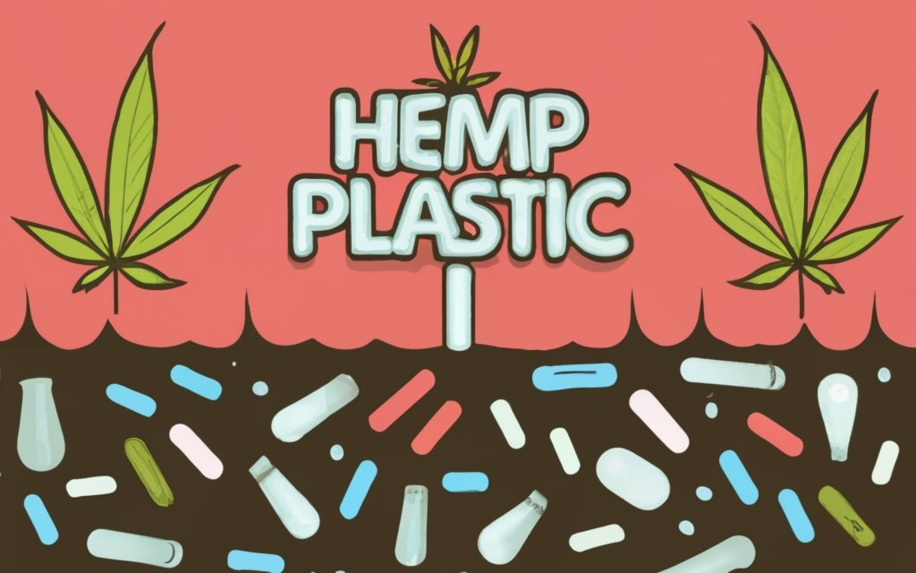 underground soil full of plastics, and hemp plastic at the top, with hemp plant growing from it. Biodegradable, sustainable, and Eco-friendly. hemp farm, hemp plastic bottles, hemp plastic wraps, hemp automobile parts, text - "HEMP PLASTIC" made with the plastics underground, conceptual art, illustration, typography