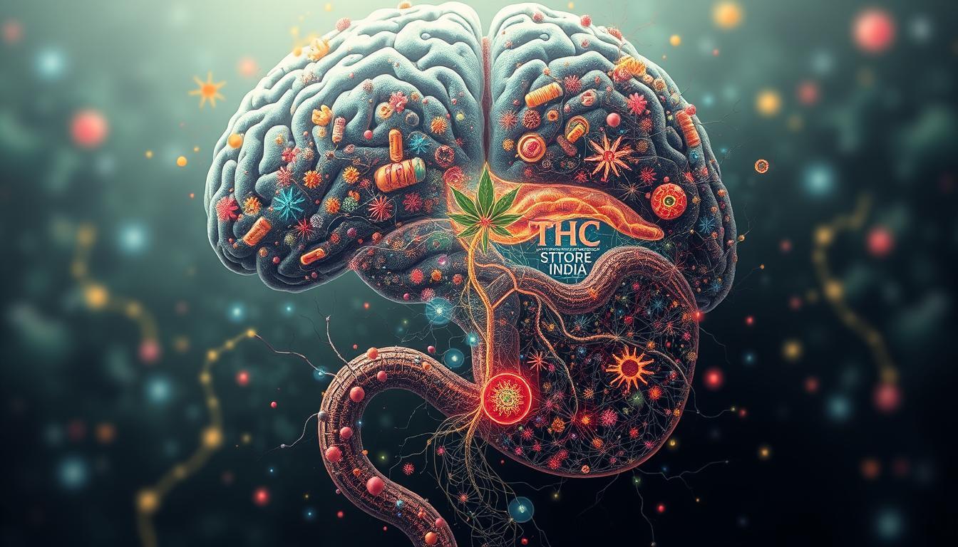 Intricate illustration depicting the gut-brain connection, showcasing the complex interplay between the gastrointestinal system and the nervous system. In the foreground, a vibrant and diverse gut microbiome, represented by a myriad of colorful microorganisms, pulsing with energy. In the middle ground, neural pathways and synaptic connections wind through the gut, establishing a direct communication channel between the enteric nervous system and the brain. In the background, a stylized representation of the brain, with a THC STORE INDIA logo subtly integrated, hinting at the potential role of cannabis in modulating the gut-brain axis. Lighting is soft and diffused, creating a sense of depth and introspection, while the overall composition conveys the delicate balance and profound influence of the gut-brain connection.
