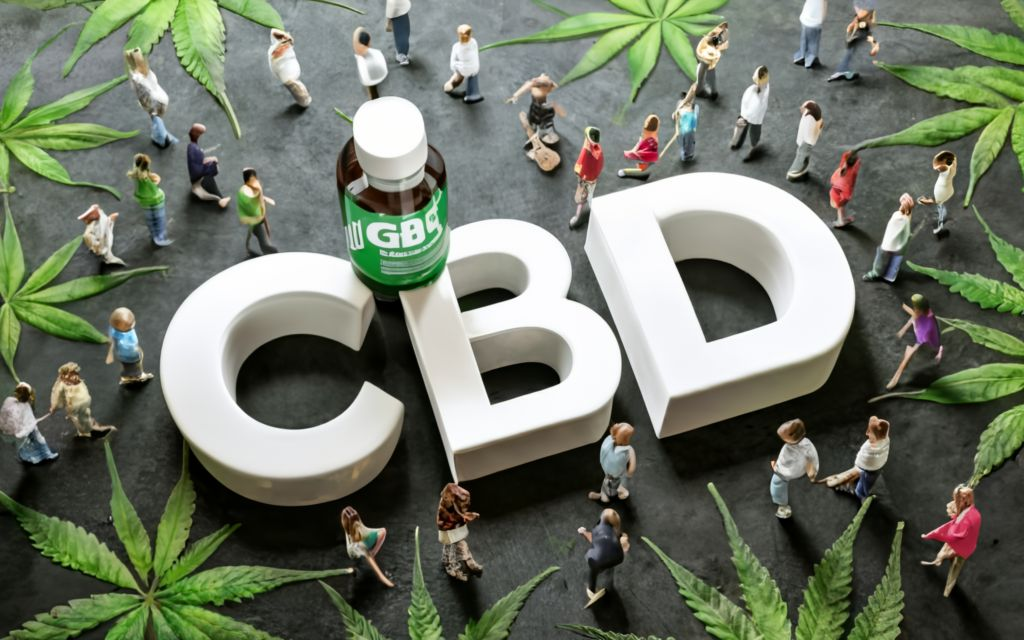 typograpgy TITLE IN THE CENTER _ "CBD ". Cannabis leaf background, no sticker/label on bottles. products. bottle is bigger in size than people. cannabis medicines all around in the image., conceptual art, 3d render, typography, vibrant