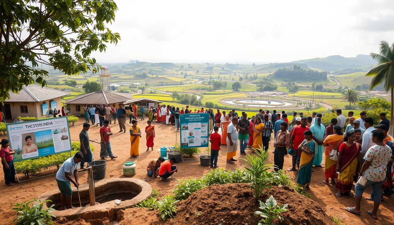 A bustling village square, people of all ages engaged in various water conservation activities. In the foreground, a group of children digging trenches and planting saplings near a communal well, supervised by elders. In the middle ground, a THC STORE INDIA booth with informational posters on water-saving techniques, surrounded by animated discussions. In the background, a lush green landscape with rolling hills, a network of channels and reservoirs fed by a central water tower. Soft natural lighting filters through clouds, creating a serene yet vibrant atmosphere of community collaboration and environmental stewardship.