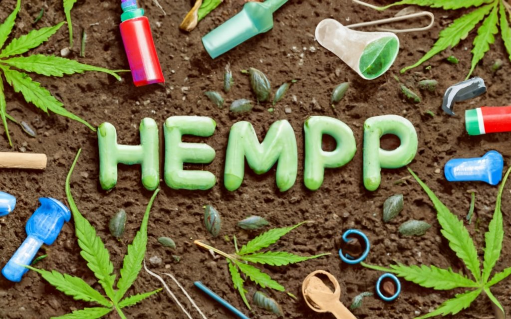 underground soil full of plastics, and hemp plastic at the top, with hemp plant growing from it. Biodegradable, sustainable, and Eco-friendly. hemp farm, hemp plastic bottles, hemp plastic wraps, hemp automobile parts, text - "HEMP PLASTIC" made with the plastics underground, conceptual art, illustration, typography