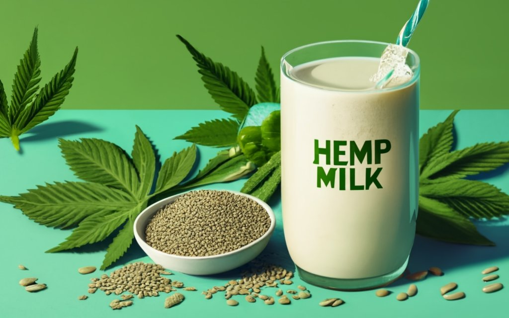 create an image of a Glass of hemp milk, with a bowl of hemp seeds, a bowl of hemp hearts, hemp leaves around in the background, with a title - "HEMP MILK" in the center. , typography, 3d render, conceptual art, illustration