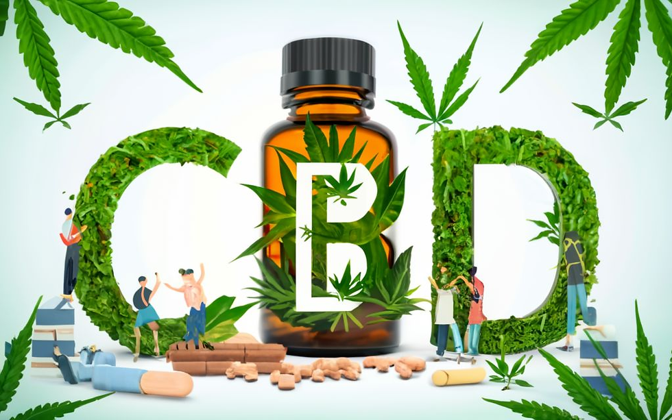 typograpgy TITLE IN THE CENTER _ "CBD ". Cannabis leaf background, no sticker/label on bottles. products. bottle is bigger in size than people. ayurvedic medicines all around in the image., conceptual art, 3d render, typography, vibrant