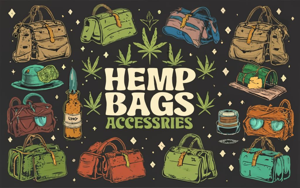 Hemp bags & accessories with title in the center with cannabis leaf and animated