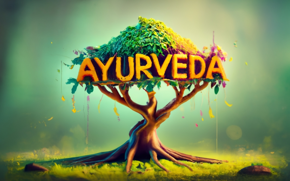 Ayurveda word on tree, roots, greenery, colorful