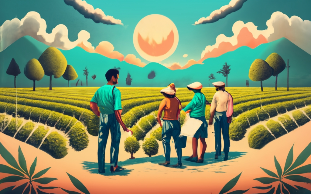 create an image of a Indian hemp cultivation farm, farmers and businesses on the side, Indian farms, indian map, people taking hemp, people using hemp products, people helping farmers", 3d render, conceptual art