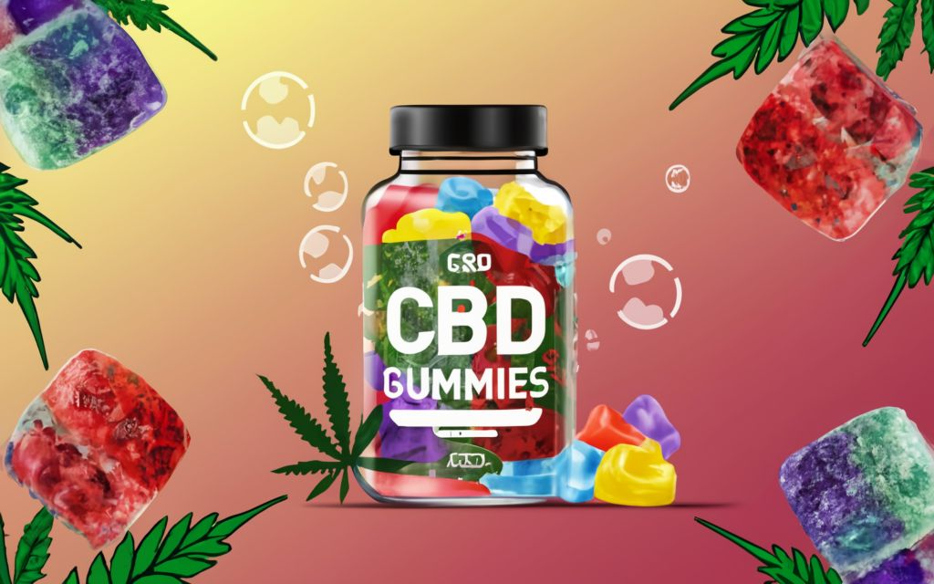 "CBD Gummies" - Text with no tagline. with bottle with no label of cbd gummies in the background is images of CBD Gummies and Cannabis leaves in patchwork art style, divided in differents seccions with diferents styles of patchwork in very colorfull, conceptual art, anime, vibrant