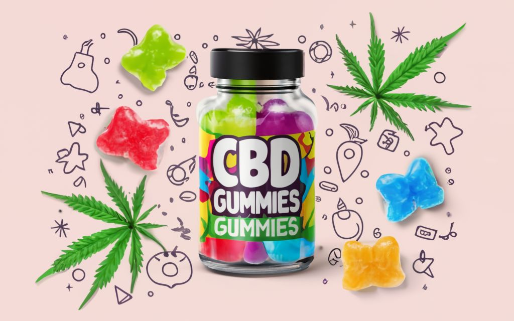 "CBD Gummies" - Text with no tagline. with bottle with no label of cbd gummies in the background is images of CBD Gummies and Cannabis leaves in patchwork art style, divided in differents seccions with diferents styles of patchwork in very colorfull, conceptual art, anime, vibrant