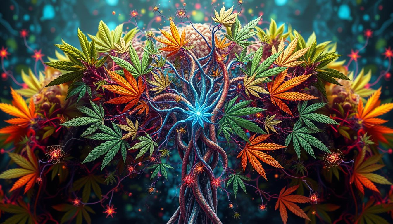 "Intricate visualization of the endocannabinoid system, showcasing a network of neural connections interwoven with vibrant cannabis leaves, depicting the dynamic relationship between biology and the environment, with a surreal and organic aesthetic. Include elements symbolizing learning and adaptation, such as abstract shapes representing thoughts and ideas. Incorporate colors that evoke a sense of harmony and balance. THC STORE INDIA."