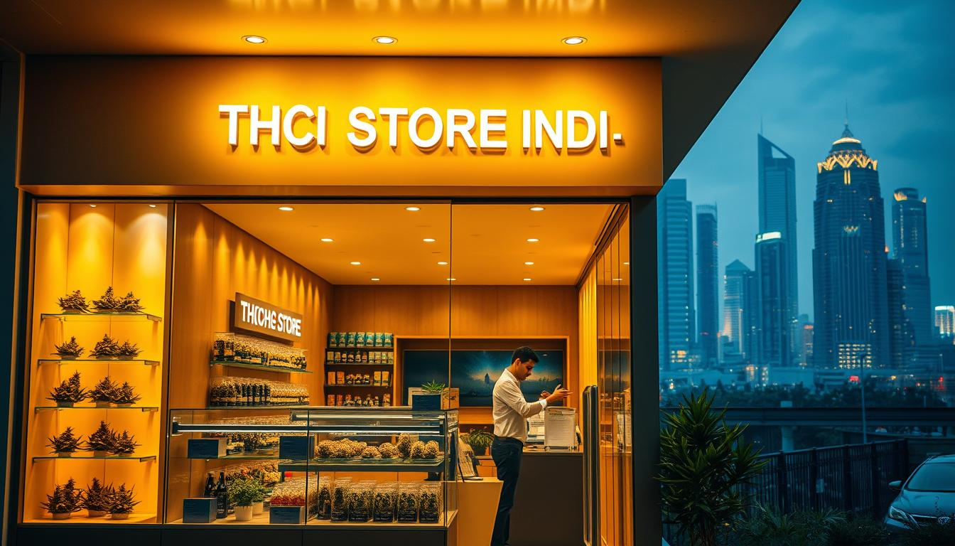 A modern, sleek cannabis dispensary storefront with a prominent sign reading &amp;quot;THC STORE INDIA&amp;quot; in a warm, minimalist design. The storefront is bathed in soft, golden lighting, creating a welcoming ambiance. In the foreground, well-curated cannabis products are displayed behind glass shelves, conveying professionalism and quality. The middle ground features a knowledgeable budtender assisting a customer, highlighting the store's commitment to customer service. The background depicts a cityscape with towering skyscrapers, suggesting an urban, progressive setting. The overall scene exudes a sense of legitimacy, innovation, and the bright future of India's evolving cannabis industry.
