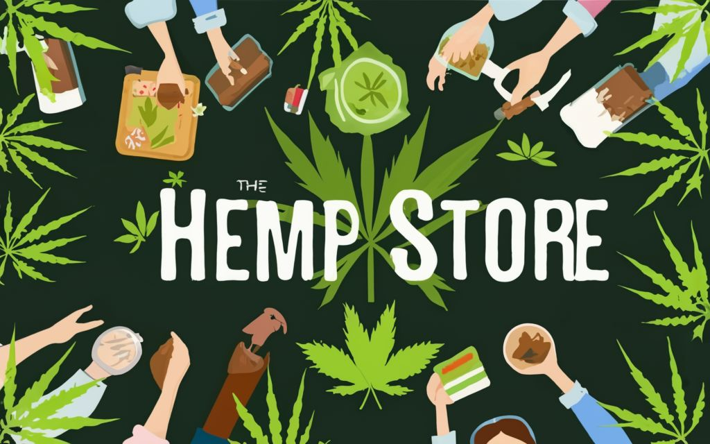 "HEMP STORE IN INDIA " - . background full of hemp leaves. hemp leaf of the hemp plant in the center background, different kinds of hemp products around., typography